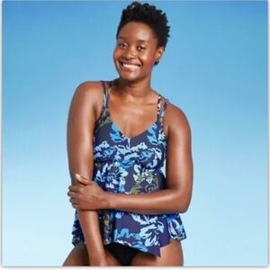 Women’s swimwear top tankini blue floral print kona sol size small